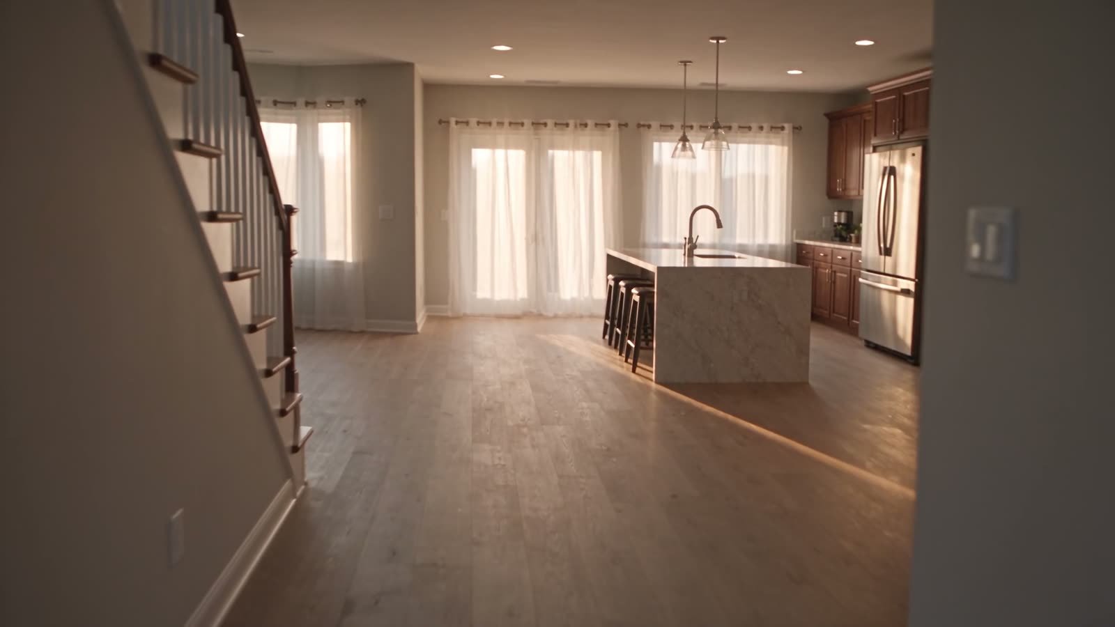 A kitchen and dining room at rest in golden hour light