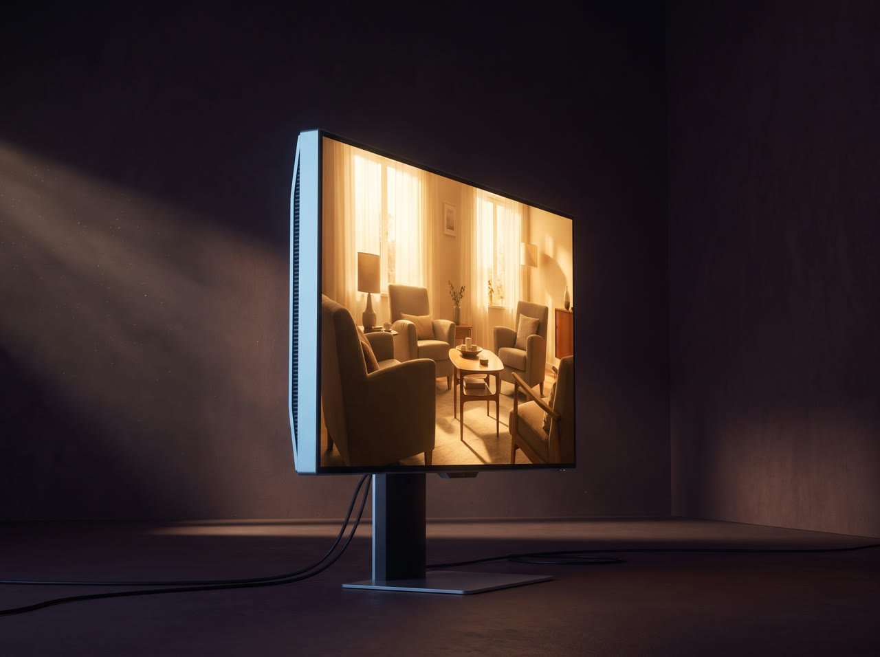 An editing suite lit by warm evening light with a listing photo on screen